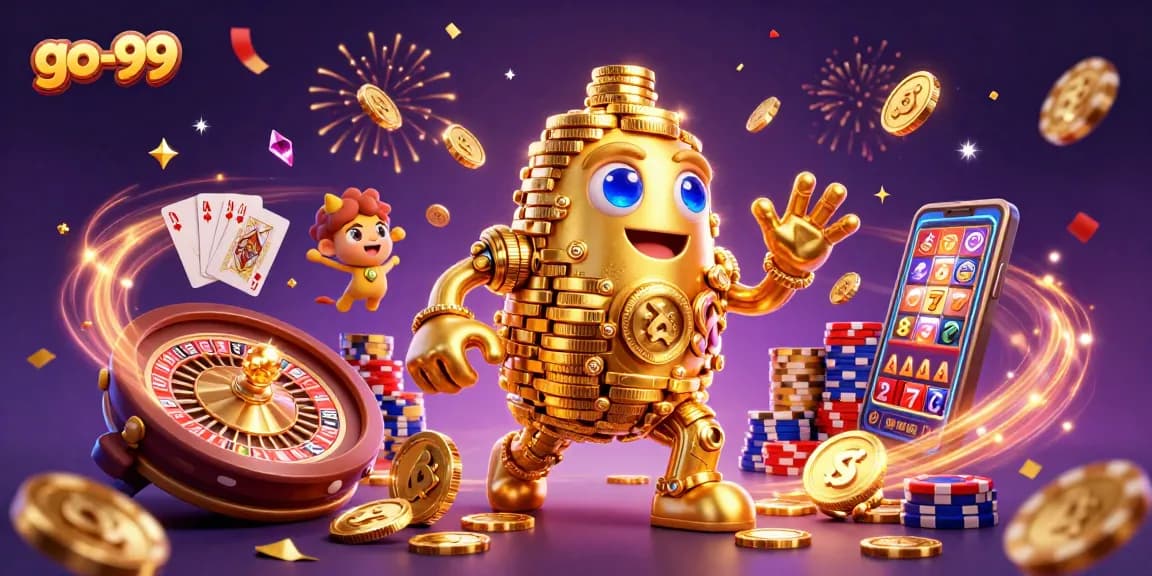 Experience go-99's excitement with a golden golem and dazzling casino elements in this vibrant illustration.