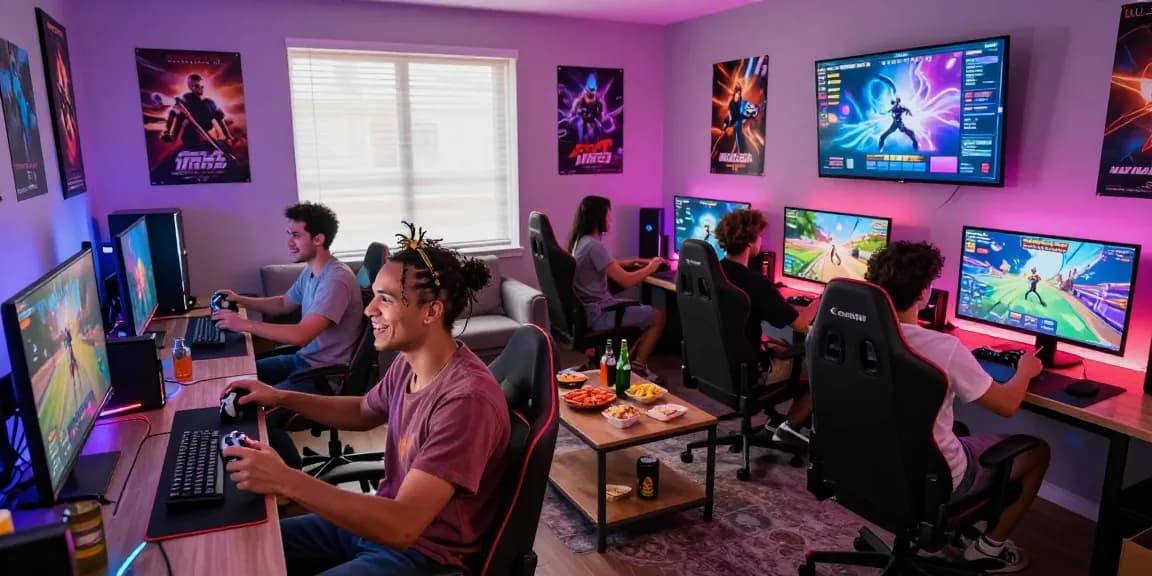 Friends enjoying an adult game in a colorful gaming room with snacks and interactive screens.