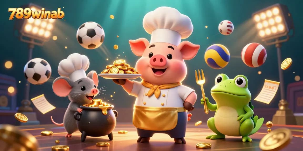 Engage with 789winab in an epic scene with cartoon chef pig serving gold coins, showcasing enticing gameplay.