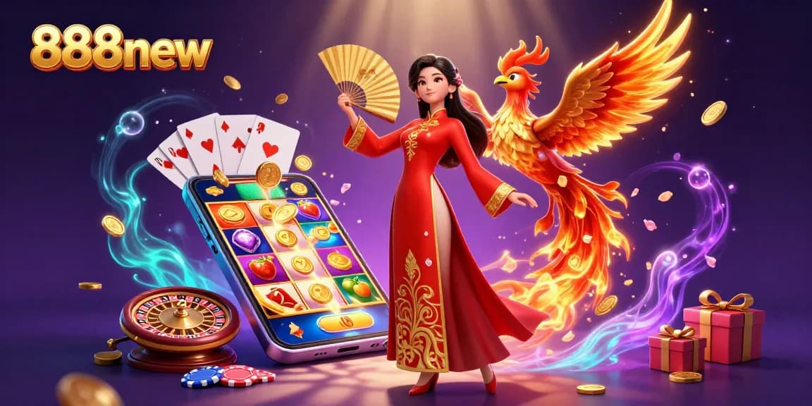 Play exciting slot games with 888new featuring a beautiful character and vibrant casino elements in a dynamic scene.