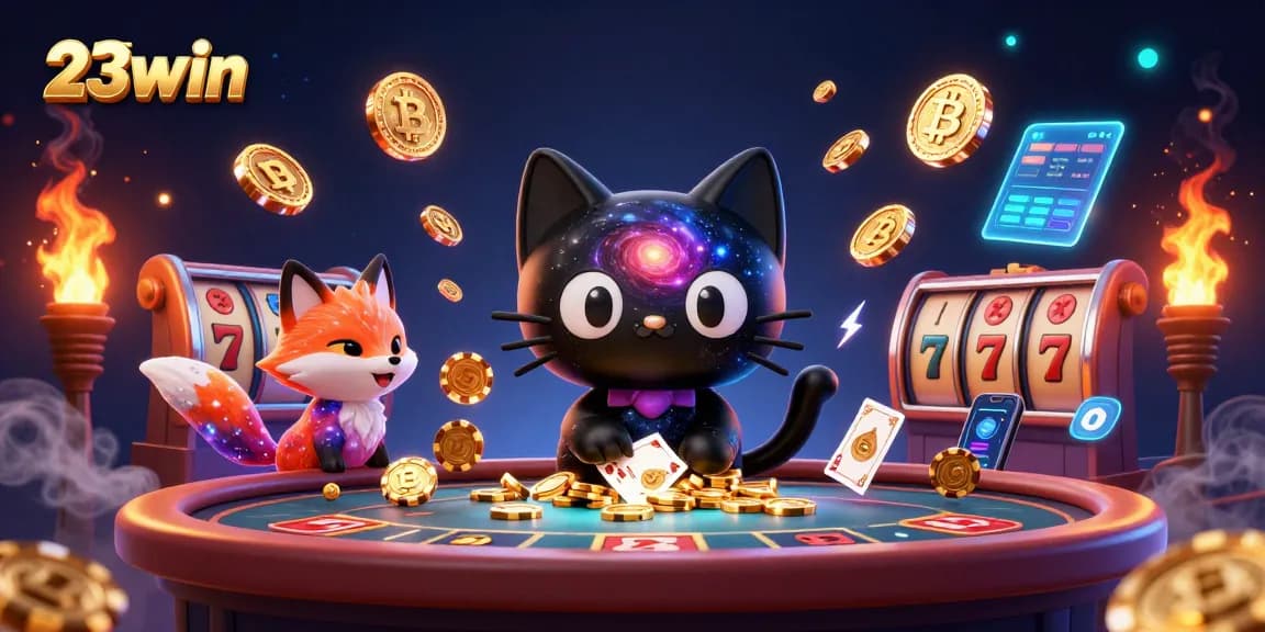 Experience thrilling 23win gaming with a dynamic cosmic casino scene featuring a black hole cat and nebula fox.