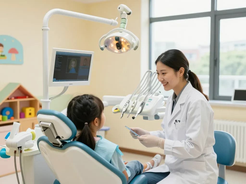 Welcoming dental clinic scene showcasing a dentist with a young patient, reflecting the concept of a dental clinic near me.