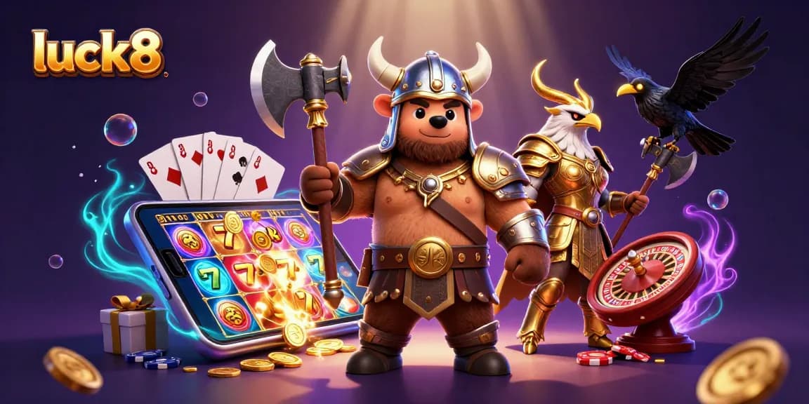Engage with luck8 in a vibrant 3D scene showcasing a Viking bear and Valkyrie eagle in a magical casino environment.