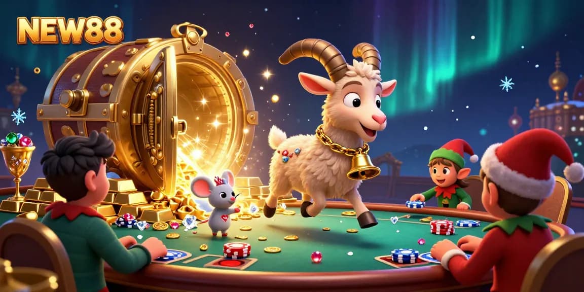 Experience the thrill of NEW88 with a festive Krampus goat overseeing a vibrant casino scene filled with treasures.