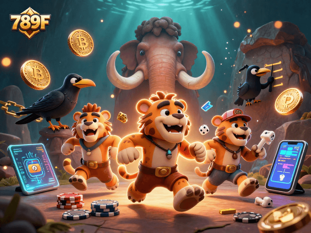 Engage with 789F's thrilling prehistoric casino scene, featuring dynamic characters and vibrant crypto elements.
