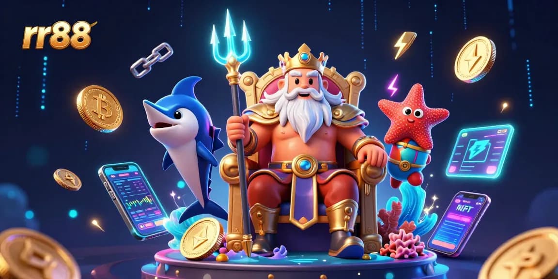Win with rr88 in a dynamic 3D casino scene featuring Neptune, crypto coins, and electrifying game elements.
