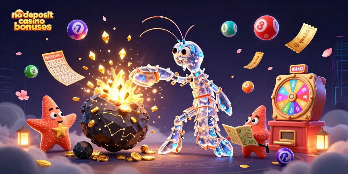 No deposit casino bonuses shine in a 3D cosmic scene with vibrant prizes and animated characters.