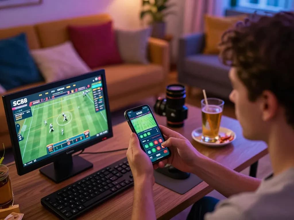 SC88 sports betting app displayed on smartphone during home gaming session, capturing excitement of online gambling.