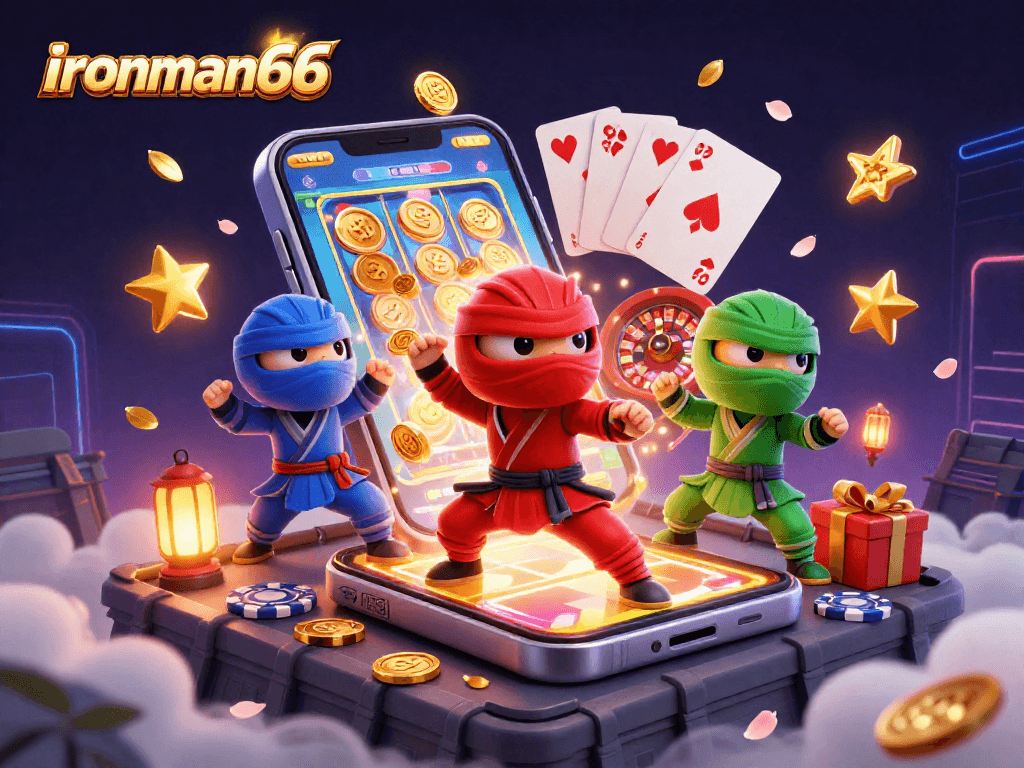Experience the thrilling action of ironman66 with ninja chameleons in a vibrant casino scene, showcasing top slot games.