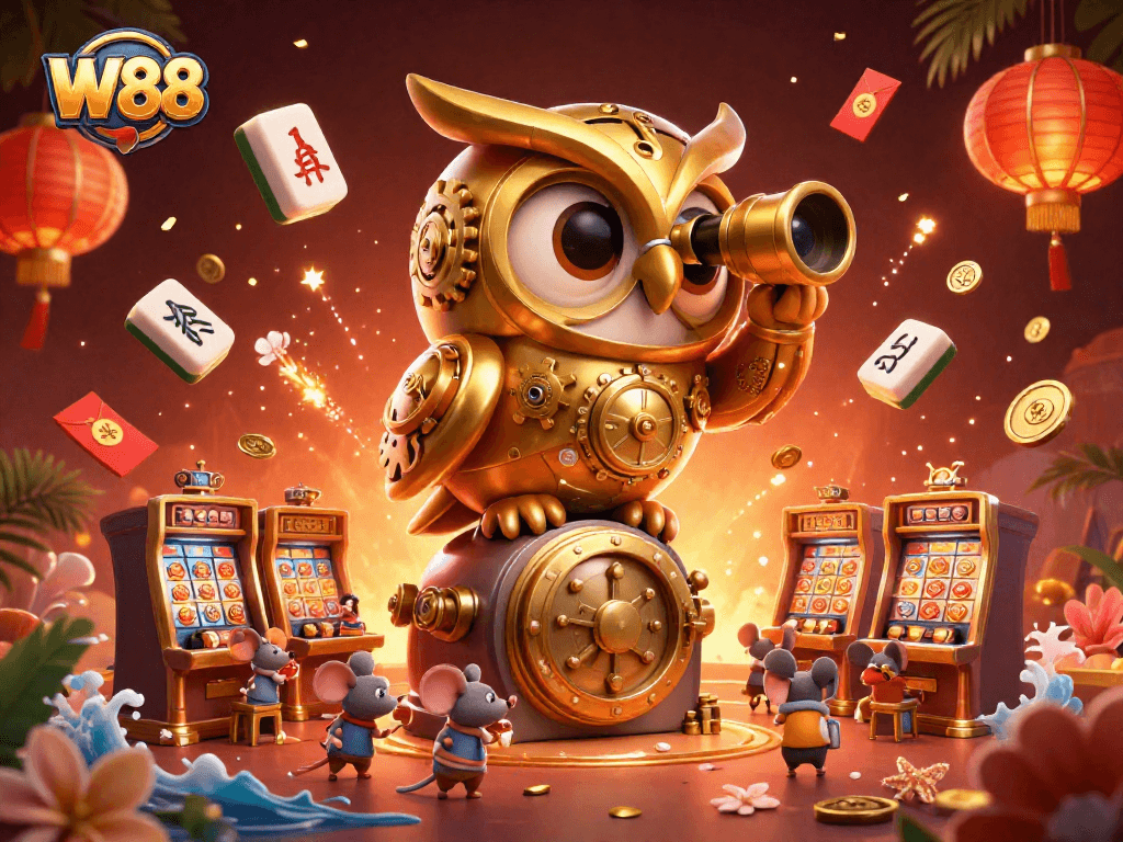 Engage with W88's vibrant casino experience, featuring animated characters amidst rich gaming elements.