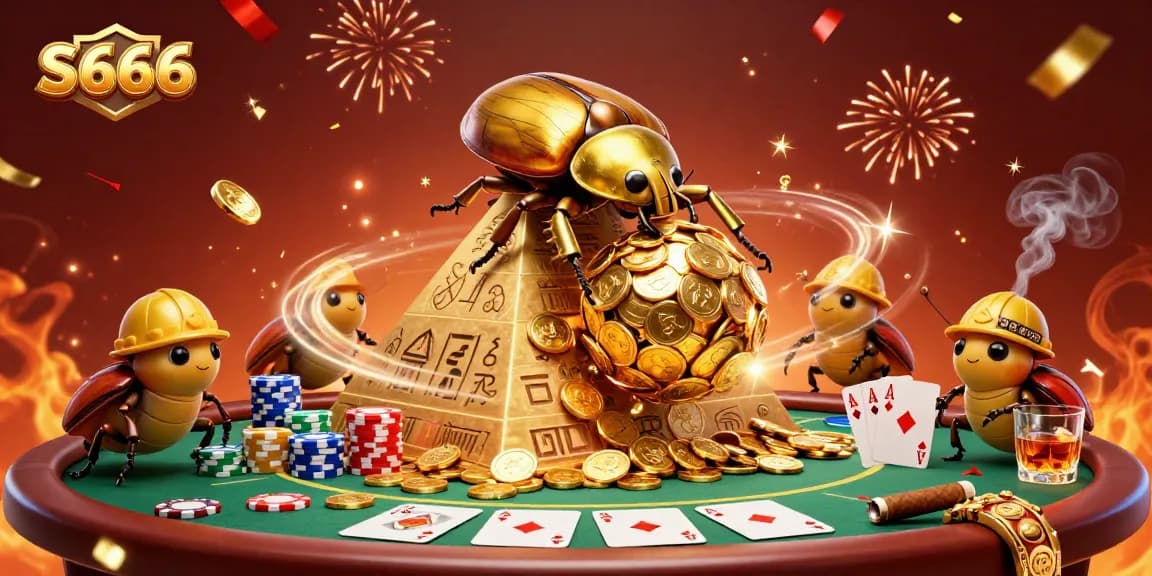 Engage with S666 casino by betting on vibrant poker tables surrounded by golden beetles.