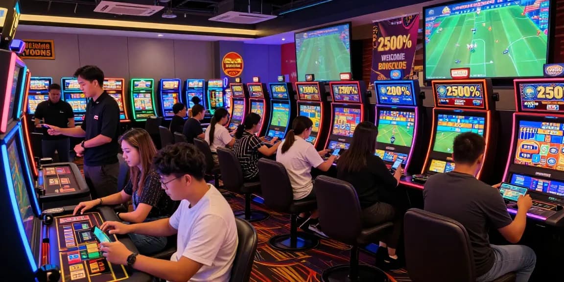 Exciting online casino Malaysia gaming scene with players enjoying slots and live games.
