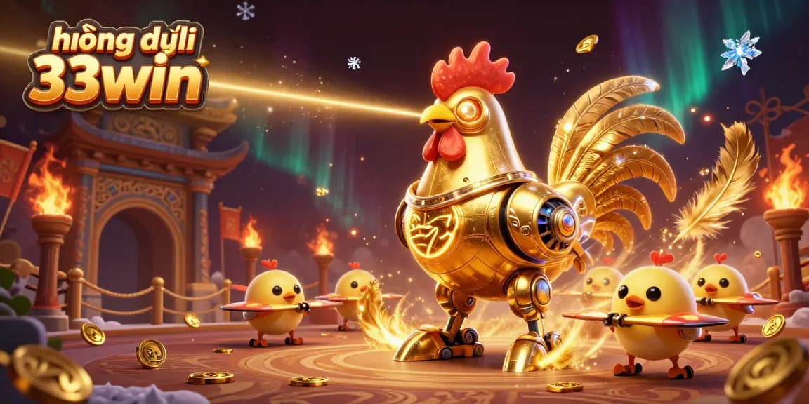 Experience the excitement of hướng dẫn 33win with a laser-shooting golden rooster and robotic chicks in a vibrant casino arena.