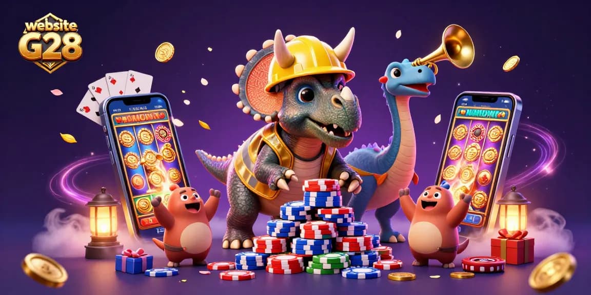 Experience thrilling gameplay at website G28 with a delightfully animated scene of characters celebrating and playing casino games.