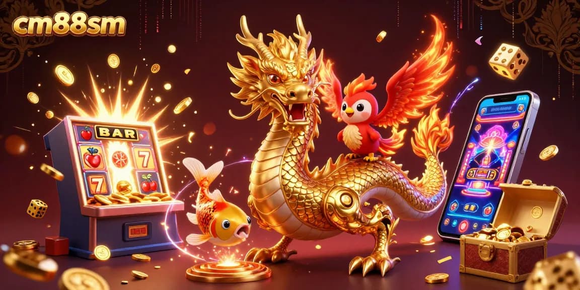 Experience excitement at cm88sm with a vibrant 3D casino scene featuring a golden dragon and dynamic game elements.