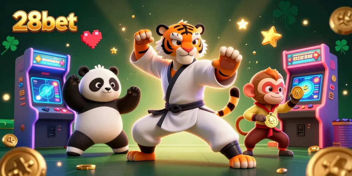 Engage in winning strategies at 28bet with a fun casino-themed illustration featuring a kung fu tiger and vibrant game elements.