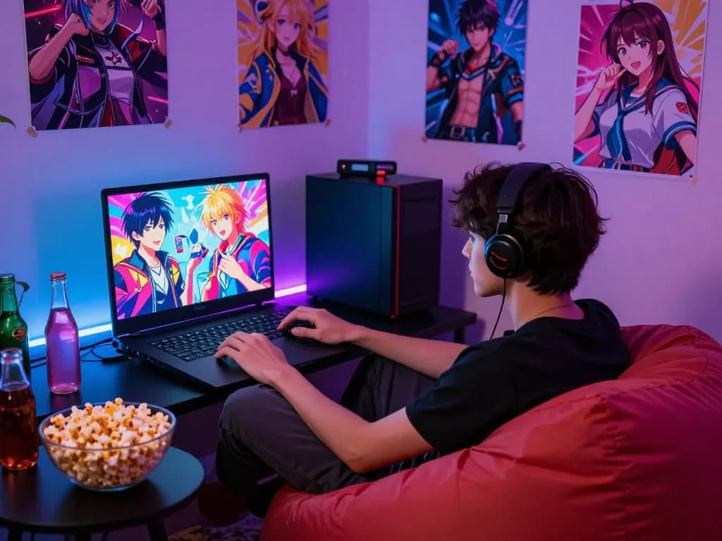 Immerse in vibrant adult gaming experience, play porn games on a laptop in a cozy room.