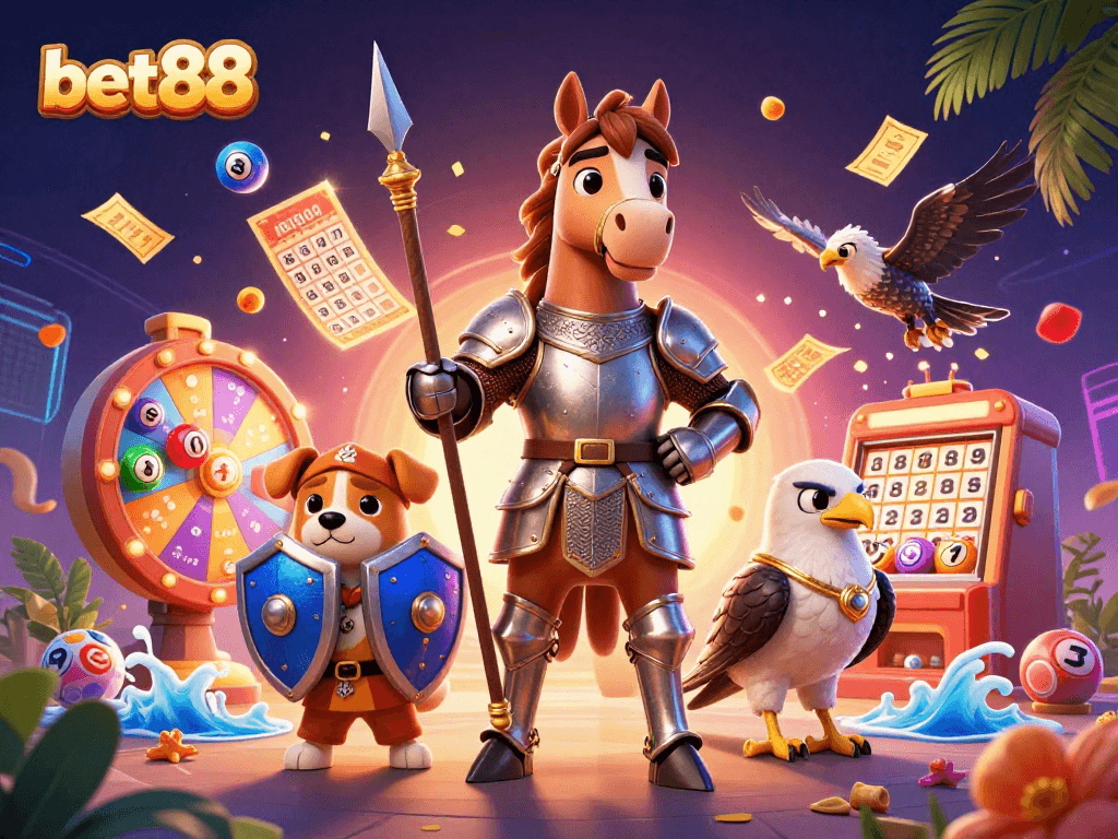 Experience the excitement at bet88 with winning lottery balls and knights in action.
