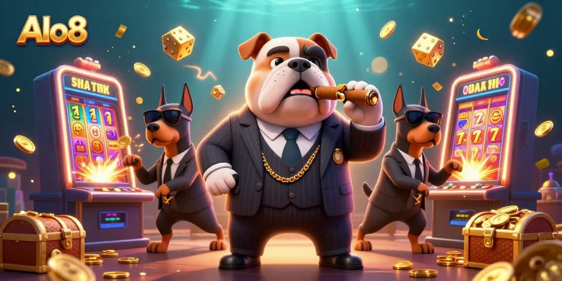 Alo8 casino scene featuring a cartoon bulldog mafia boss with slot machines and gold coins exploding.