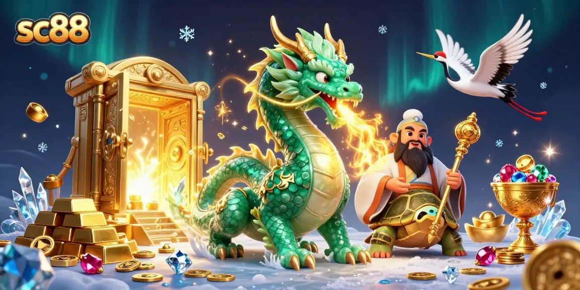 Unleash luck with sc88's vibrant casino illustration featuring a jade dragon, turtle sage, and lucky cranes.