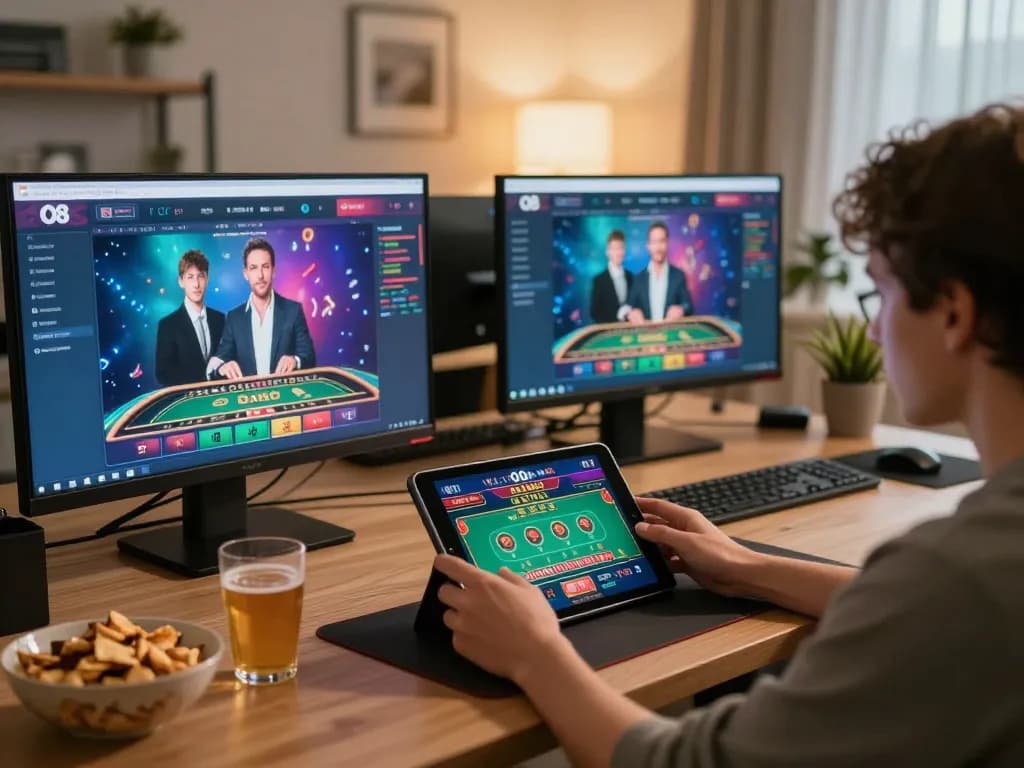 Player engaging in live dealer game on O8's casino platform from a cozy home setup