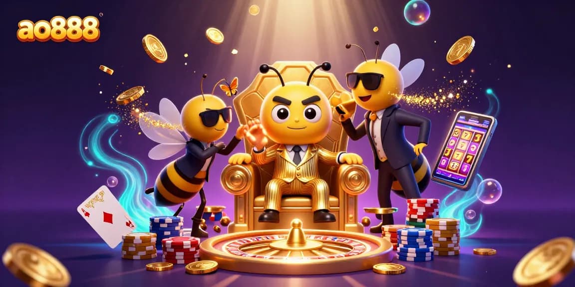 Win big with ao888 in this vibrant 3D casino illustration featuring a mob boss and gaming elements.