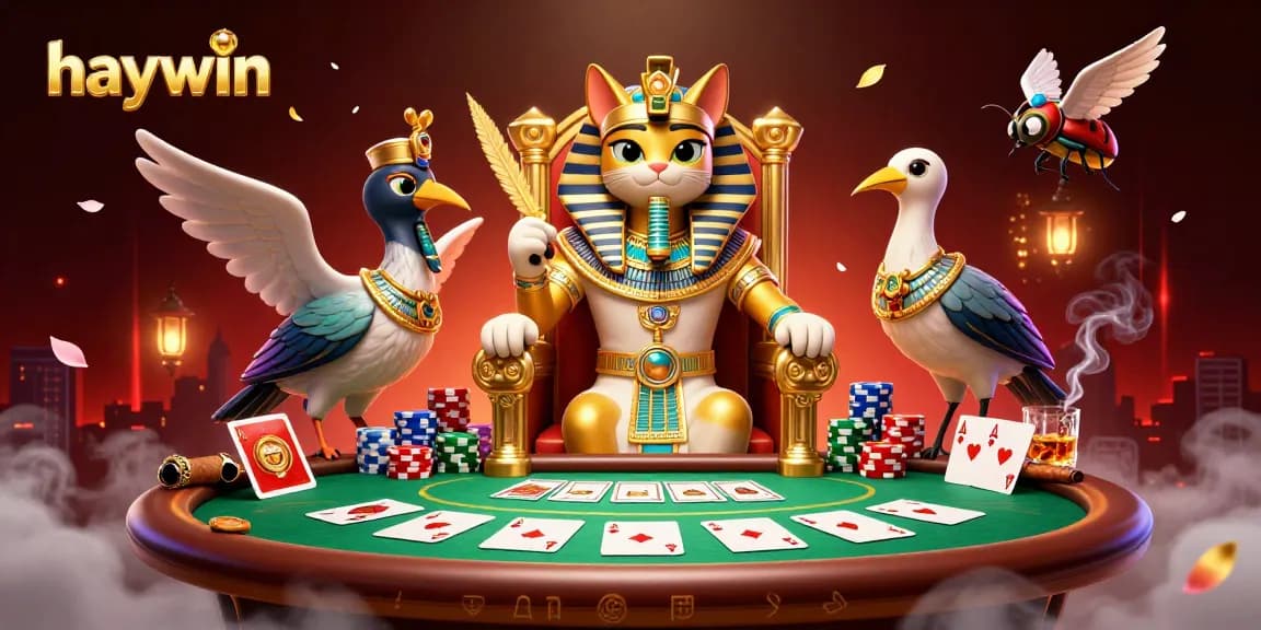 Experience thrilling gaming at haywin with a pharaoh cat amidst poker chips and dynamic casino elements.