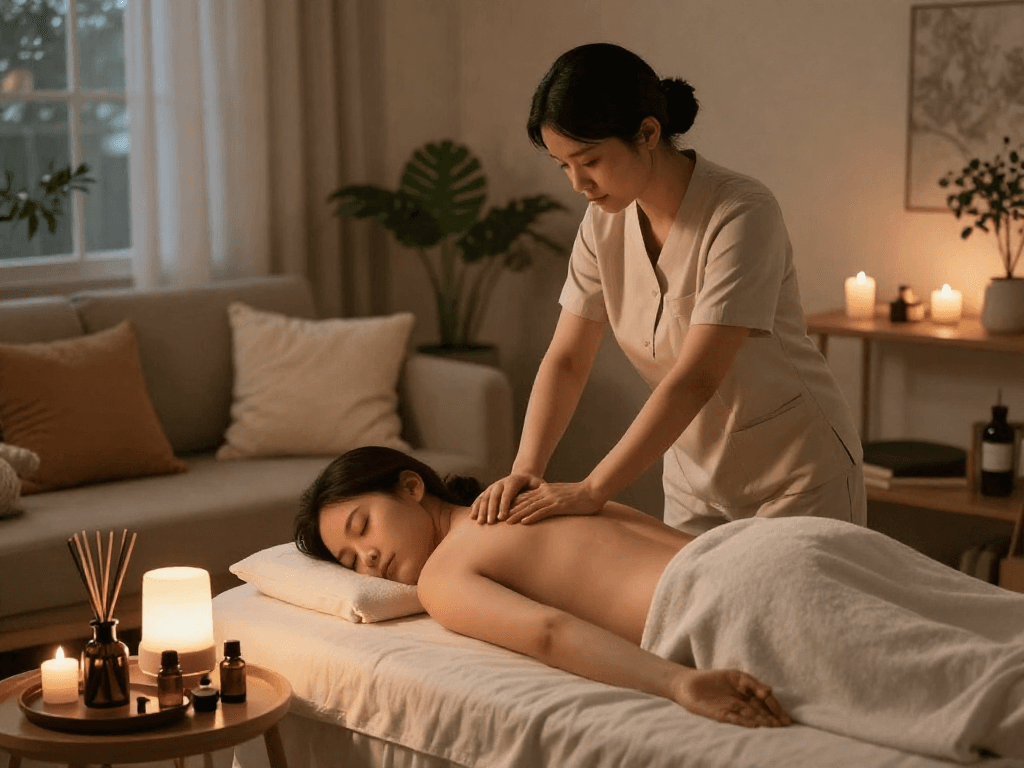 A calm home setting featuring a client enjoying 출장안마 with a professional therapist, surrounded by candles and essential oils.