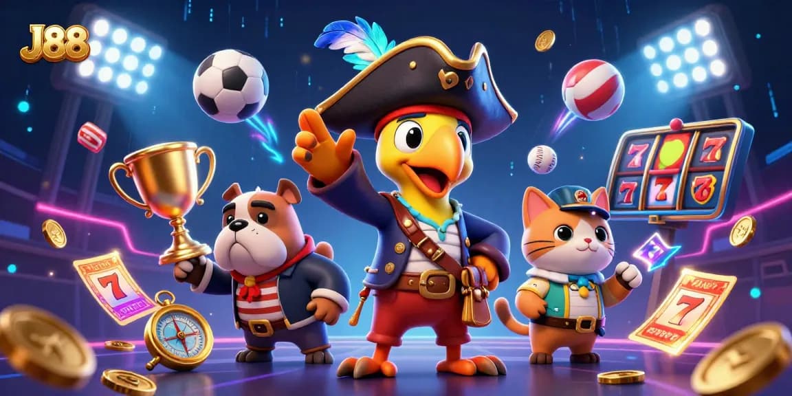 Engage with J88's fun-filled casino world featuring a pirate captain, bulldog, and cat amidst vibrant gaming elements.