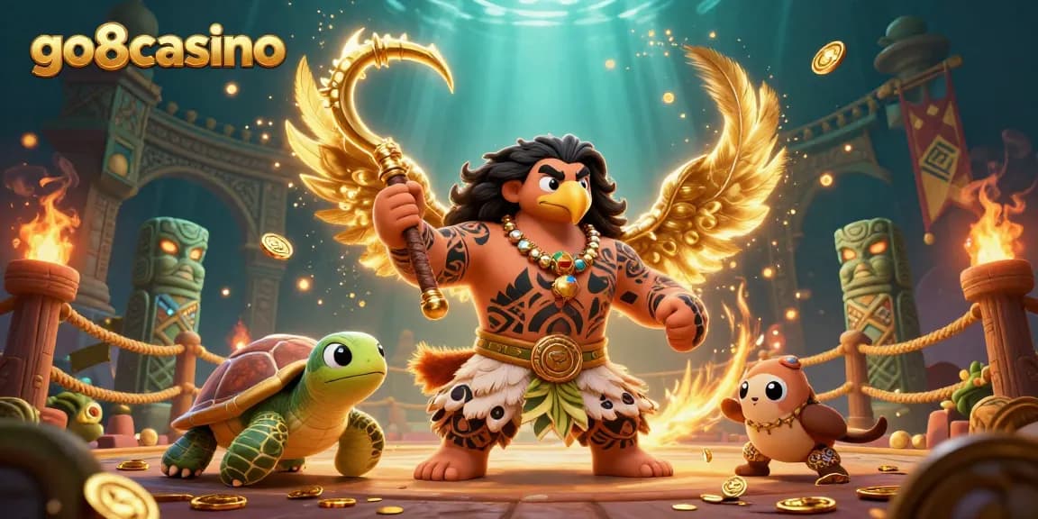 Engage with go8casino's thrilling adventures as a Maui-style hawk navigates a vibrant betting arena.