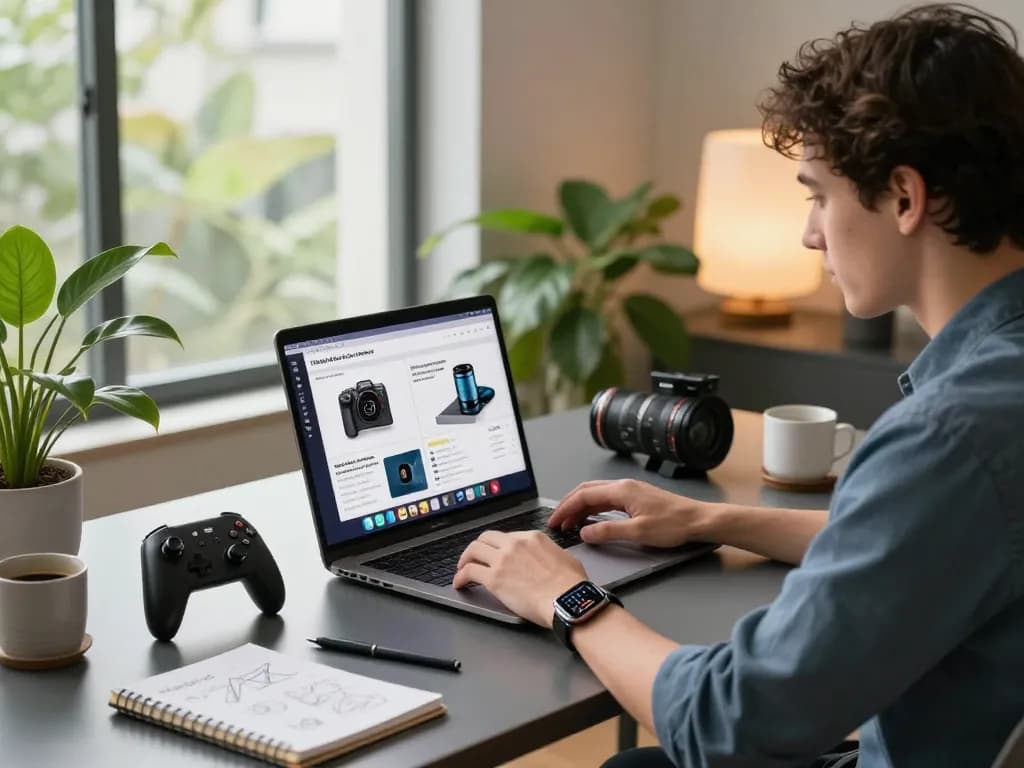 Person engaging with trending tech gadgets in a modern workspace.