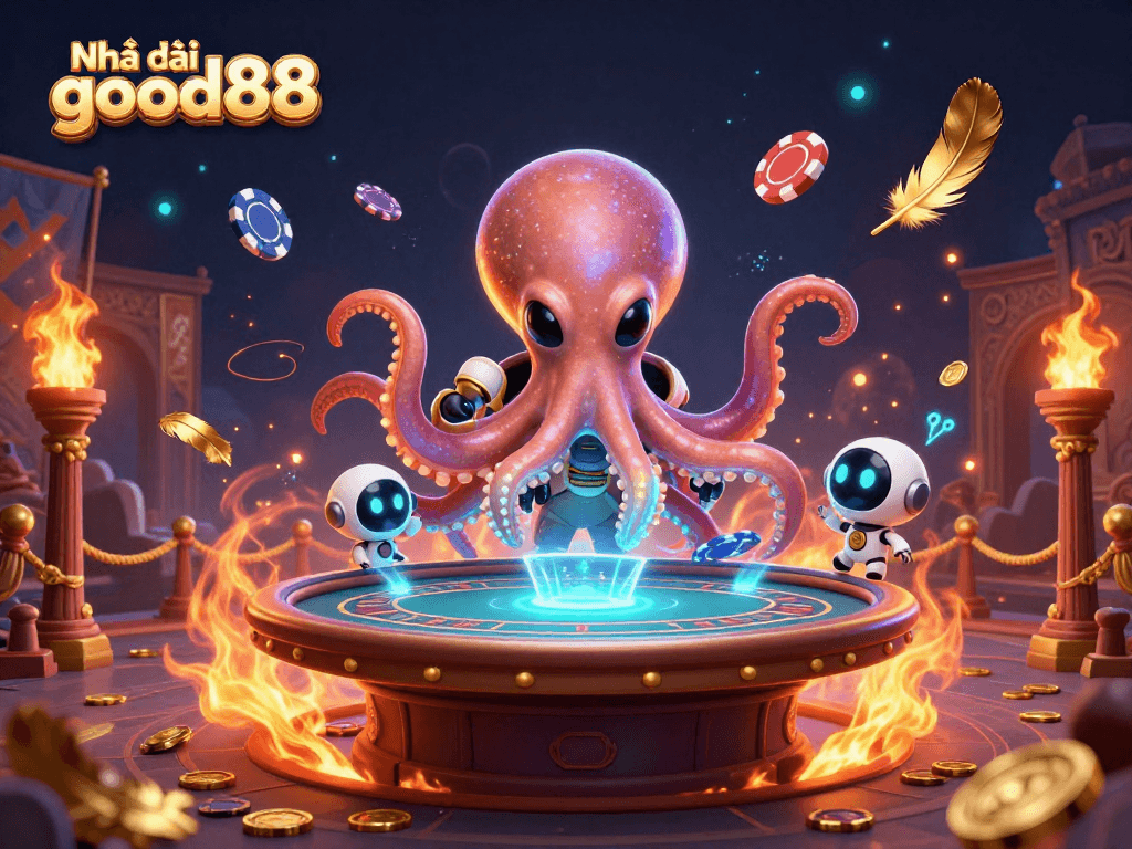 Immerse in the vibrant world of Nhà cái good88 with a 3D alien octopus operating a holographic poker table.