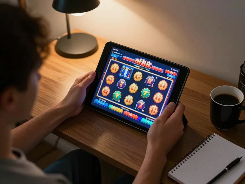 Player enjoying af88 slot games on a tablet in a cozy home setting, showcasing engaging online gambling.