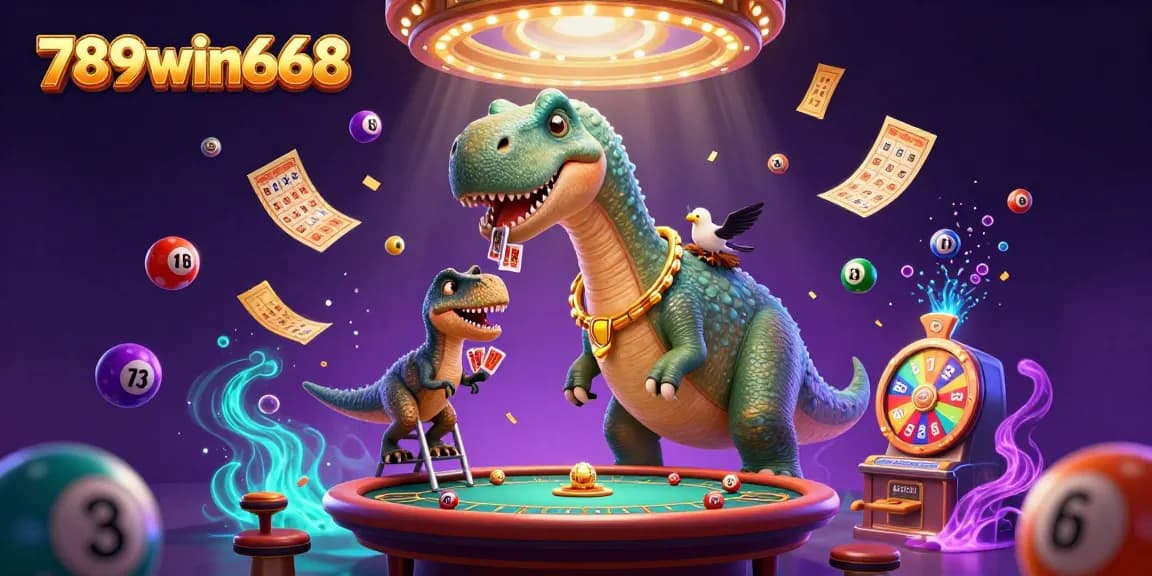 Engage with the thrilling universe of 789win668 as a towering brontosaurus peeks over a vibrant casino scene.