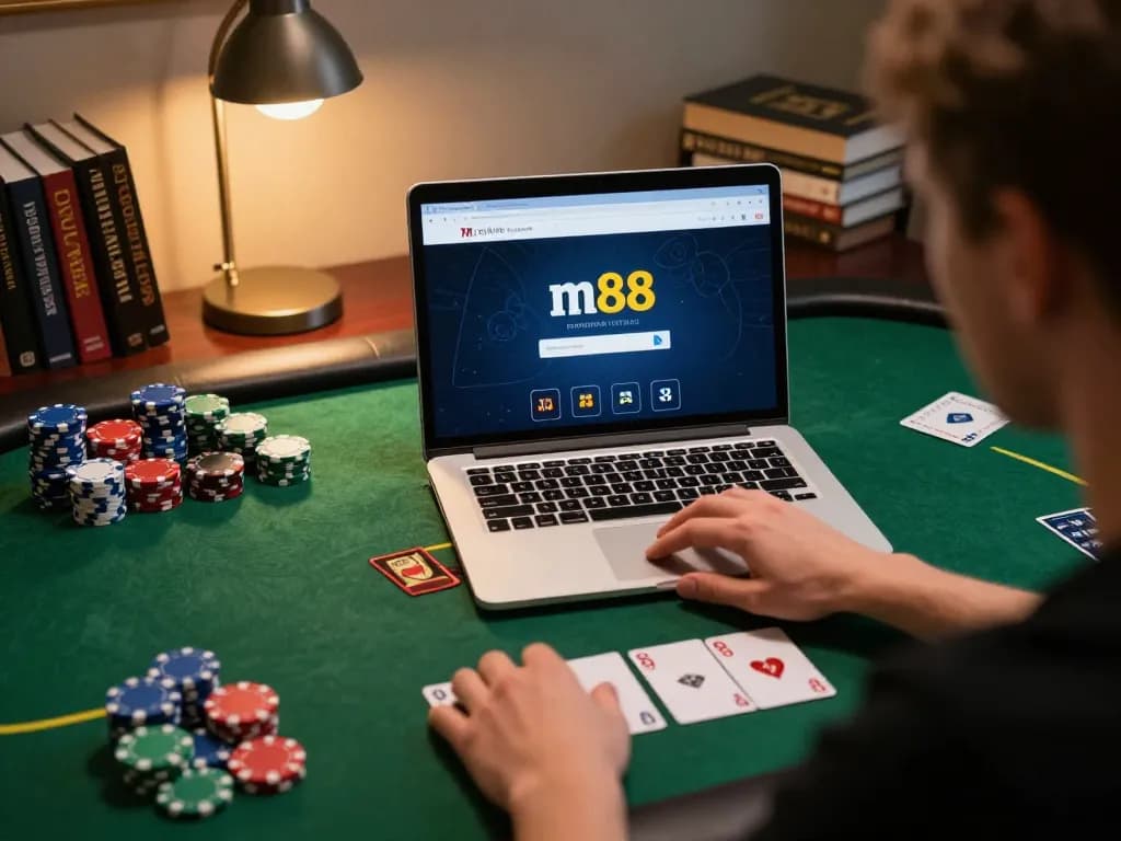Engaging in online gaming with m88 login on a laptop, surrounded by poker strategies and a cozy environment.