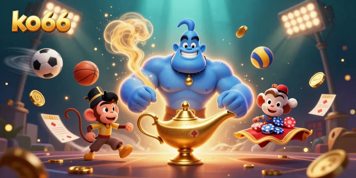 Experience thrilling action with ko66 featuring a vibrant casino scene of a genie, sports elements, and a magic carpet.