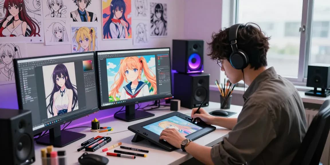Creating stunning ai ecchi artwork in a vibrant anime art studio