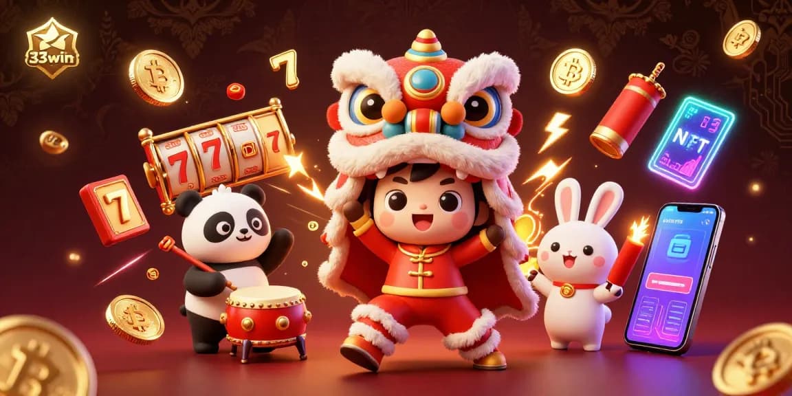 Engage with 33win's thrilling gaming scene, featuring a lion dance, crypto coins, and vibrant casino elements.