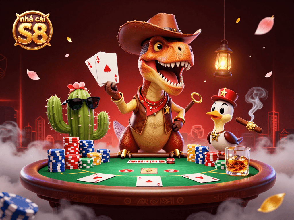 Experience the thrill of gaming at nhà cái S8 with a colorful scene of action-packed poker and playful characters.