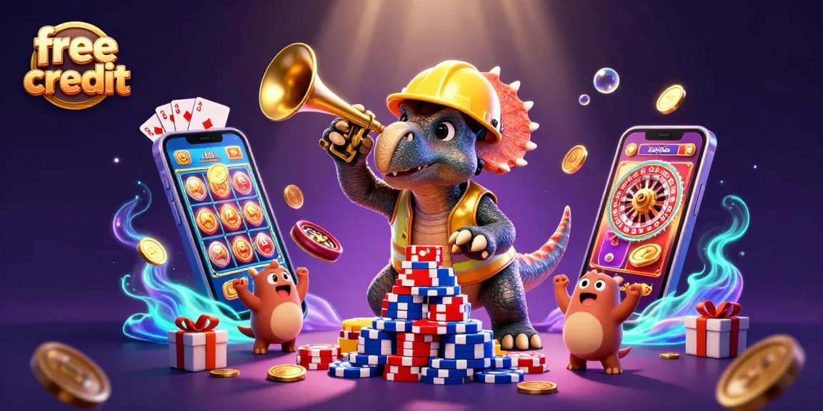 Enjoy free credit offers with lively gaming fun from enthusiastic characters celebrating at a casino.