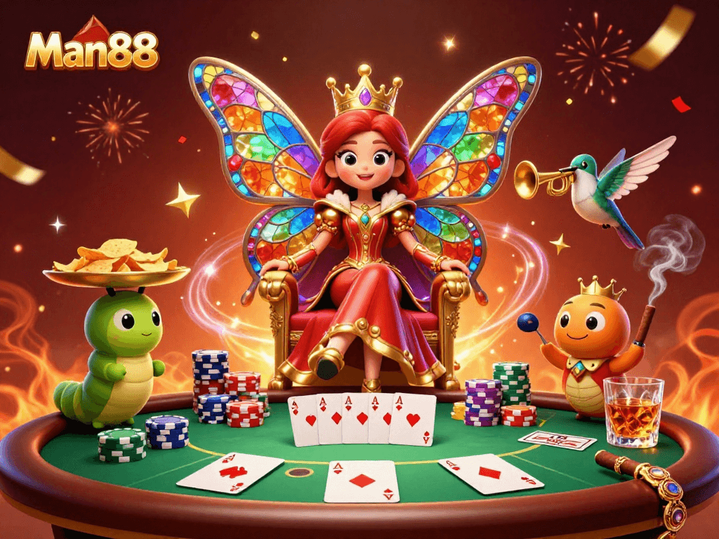 Win big at Man88 with vibrant casino action featuring a butterfly queen and colorful poker elements.
