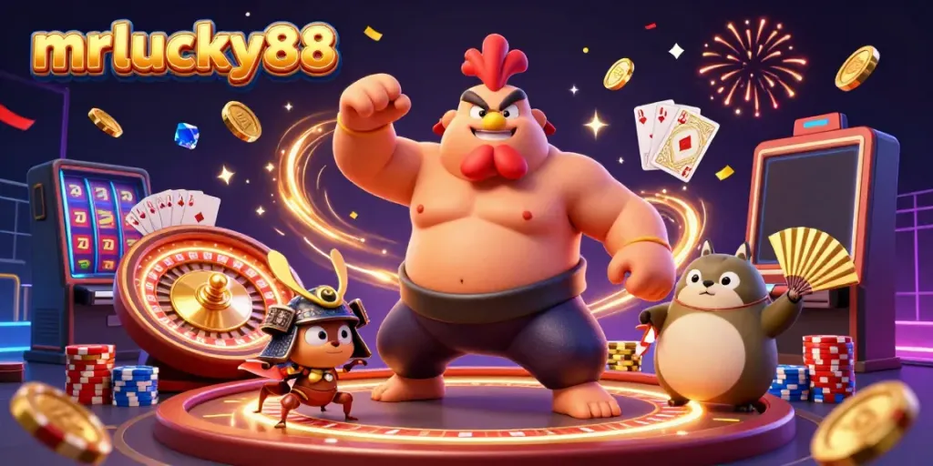 Win big at mrlucky88 with a 3D illustration of a powerful sumo rooster, a fierce cricket, and a tanuki, surrounded by casino elements.