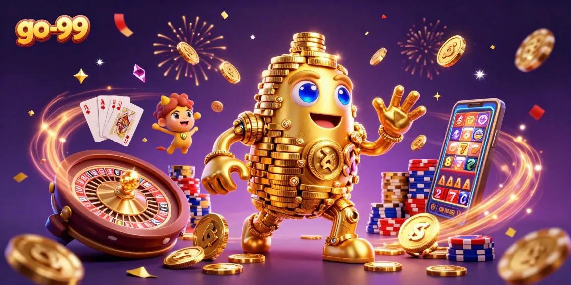 Experience go-99's excitement with a golden golem and dazzling casino elements in this vibrant illustration.