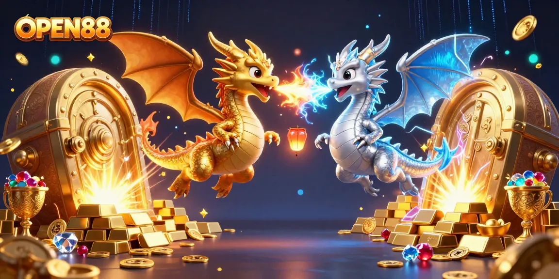 Experience thrilling gameplay with OPEN88, featuring golden dragon characters amidst vibrant casino treasures.
