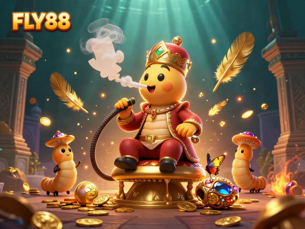 Engage in thrilling gameplay at FLY88's casino scene featuring a vibrant caterpillar in a Turkish outfit.
