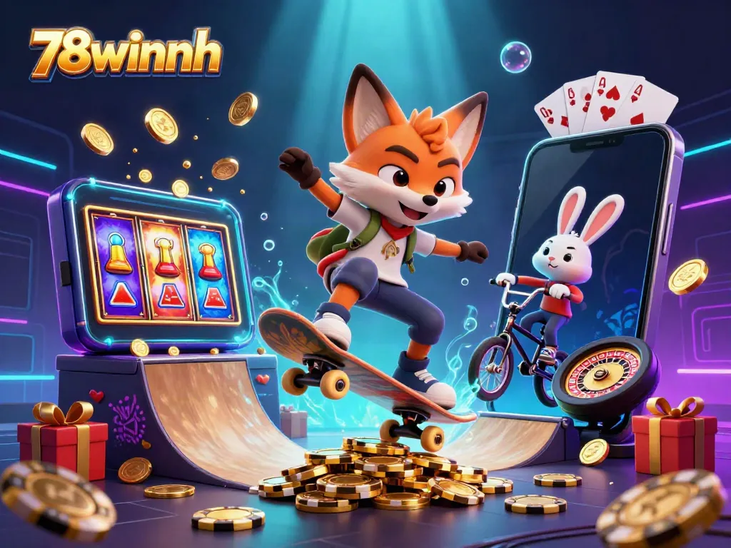 Experience thrilling wins at 78winnh while the fox skateboarder defies gravity over golden poker chips.