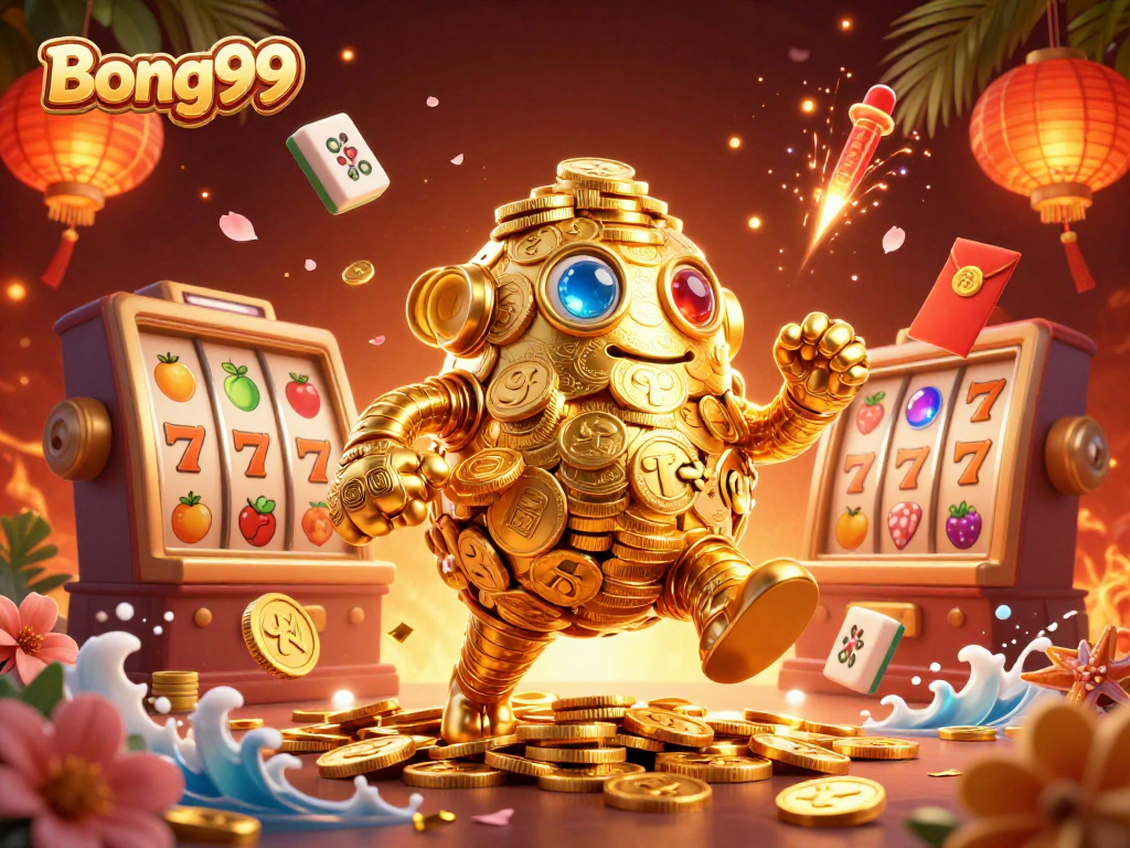 Bong99 showcases an ancient golden golem among vibrant casino symbols and dynamic game elements.