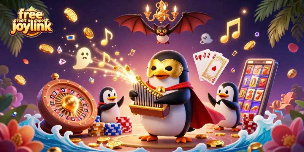 Engage with free credit no deposit joylink offers while a penguin plays an organ shooting golden coins.
