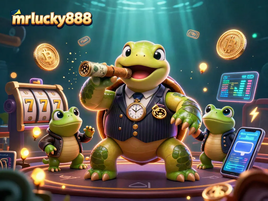 Experience thrilling gameplay with mrlucky888, featuring a vibrant 3D scene of a turtle in a casino setting.