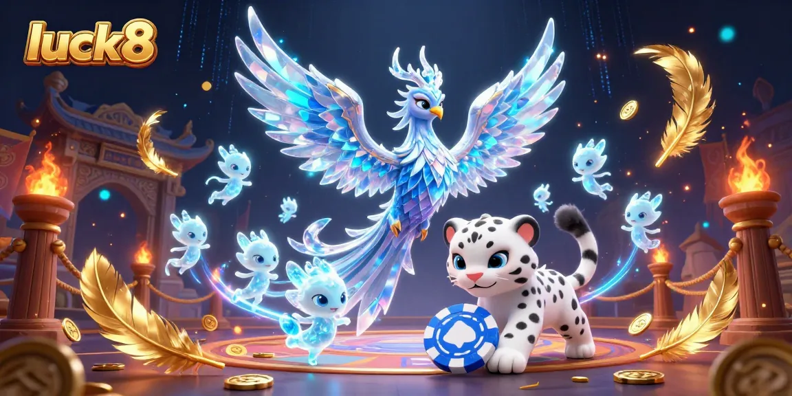 Engage with luck8's vibrant gaming scene featuring a mystical ice phoenix and energetic characters in a vividly animated casino.